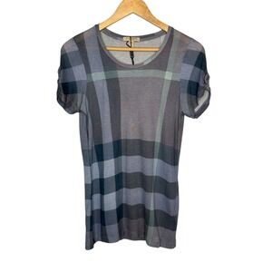 Burberry Brit Nova Check Print Plaid Tab Sleeve Tee Gray Blue Women Size Medium